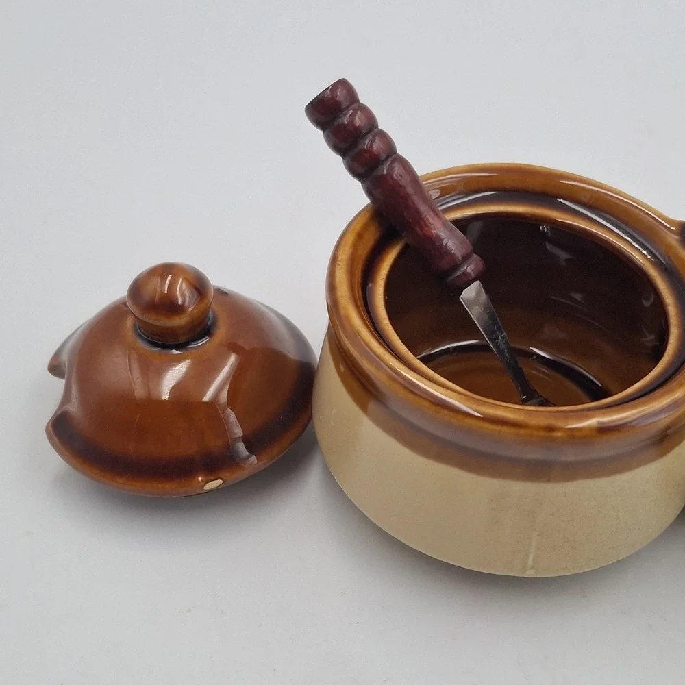 Vintage Stoneware Double Condiment Server Brown Tan Glaze Lidded Caddy w/ Spoons